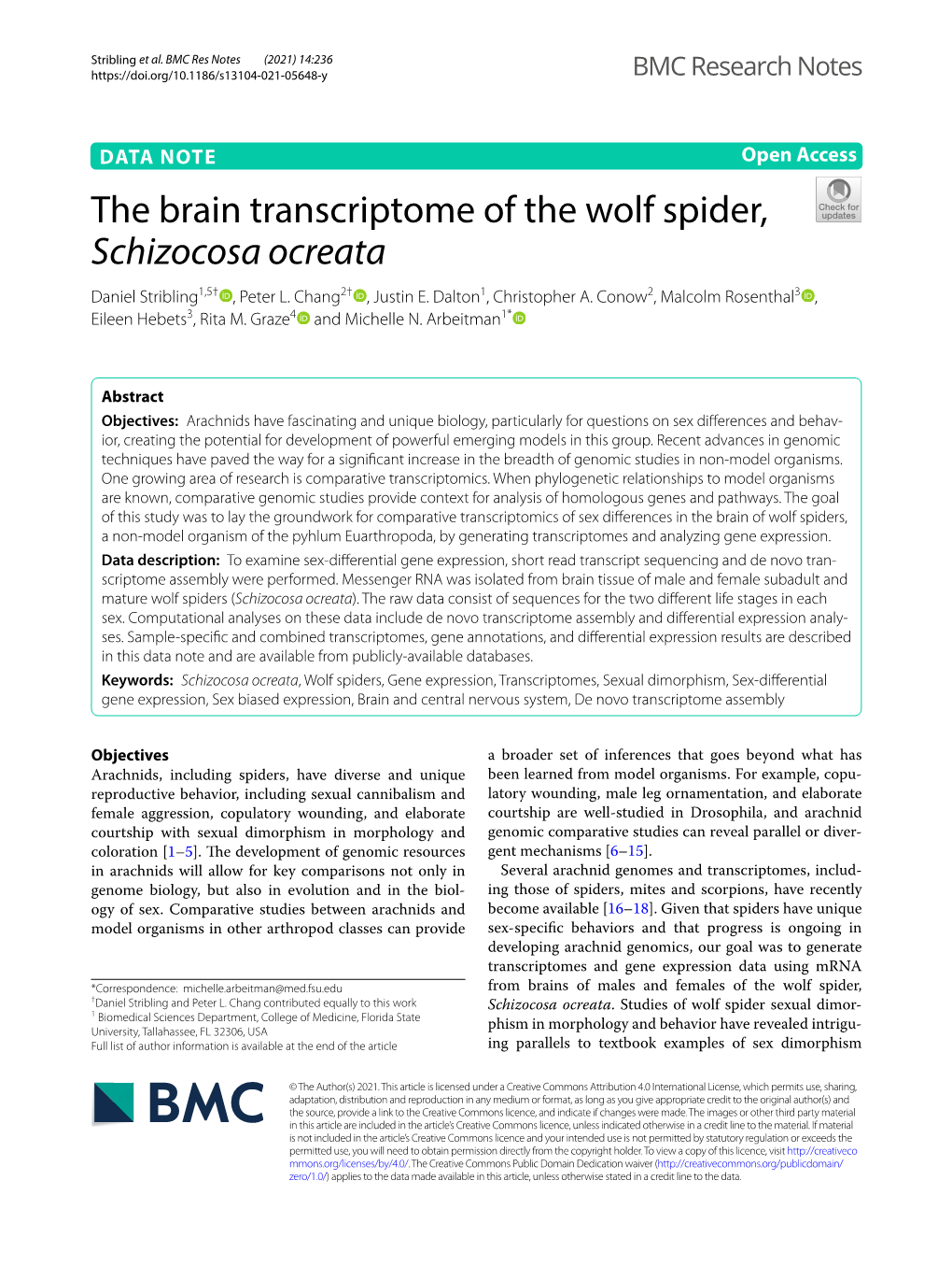 The Brain Transcriptome of the Wolf Spider, Schizocosa Ocreata Daniel Stribling1,5† , Peter L