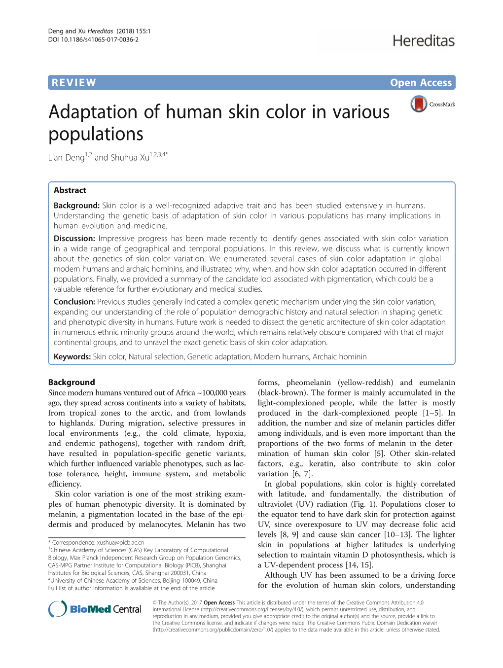 Adaptation of Human Skin Color in Various Populations Lian Deng1,2 and Shuhua Xu1,2,3,4*