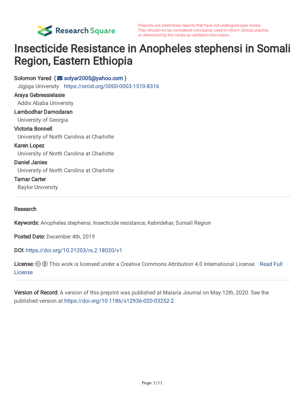 Insecticide Resistance in Anopheles Stephensi in Somali Region, Eastern Ethiopia