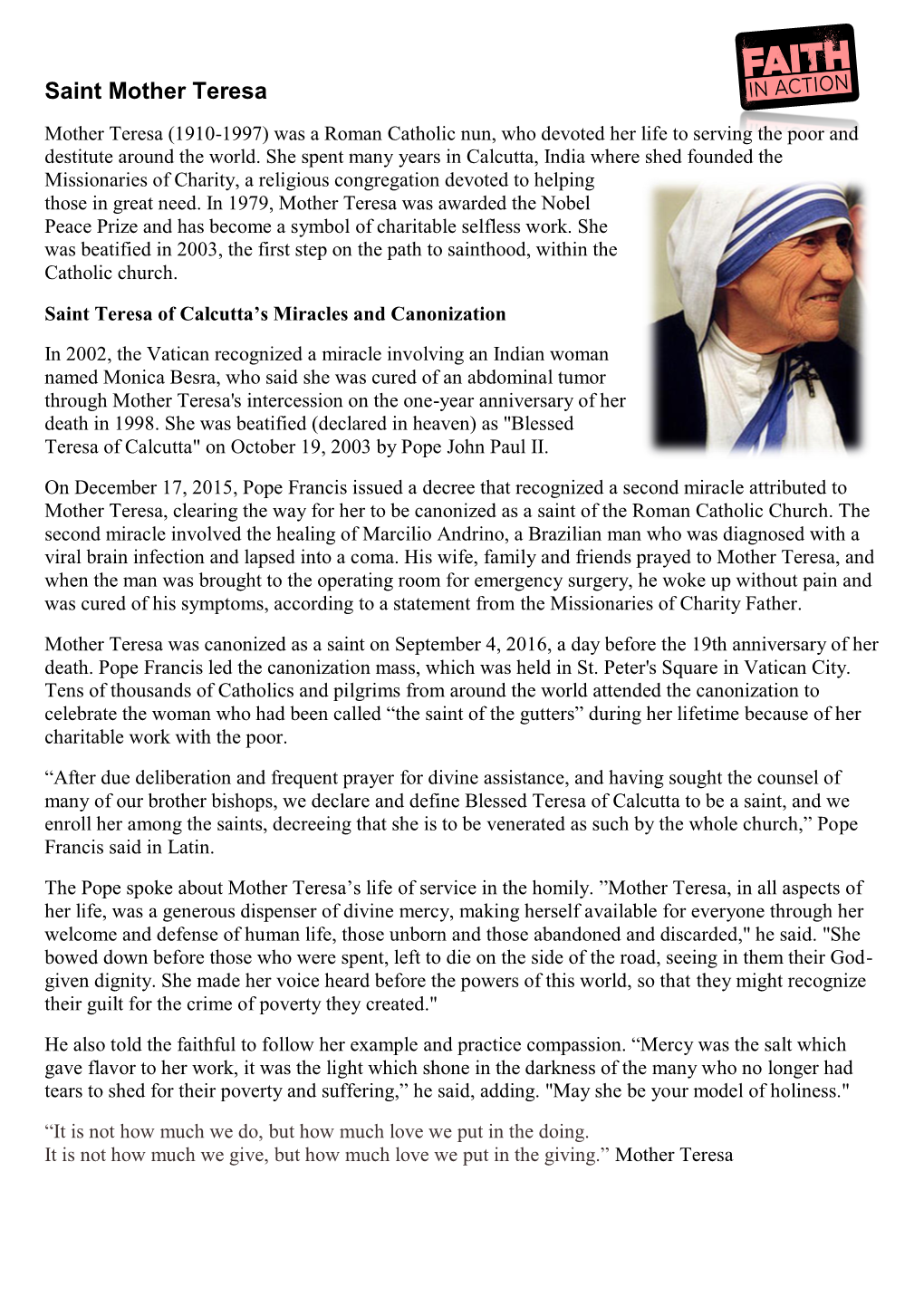 St Mother Teresa Leaflet