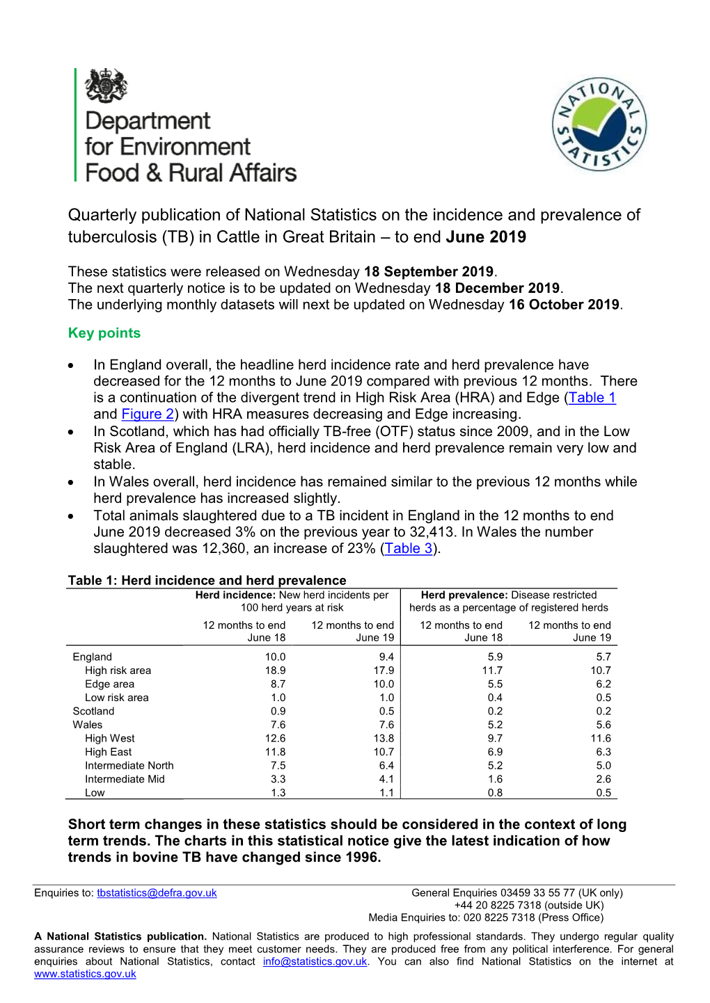 Quarterly Publication of National Statistics on the Incidence and Prevalence of Tuberculosis (TB) in Cattle in Great Britain – to End June 2019