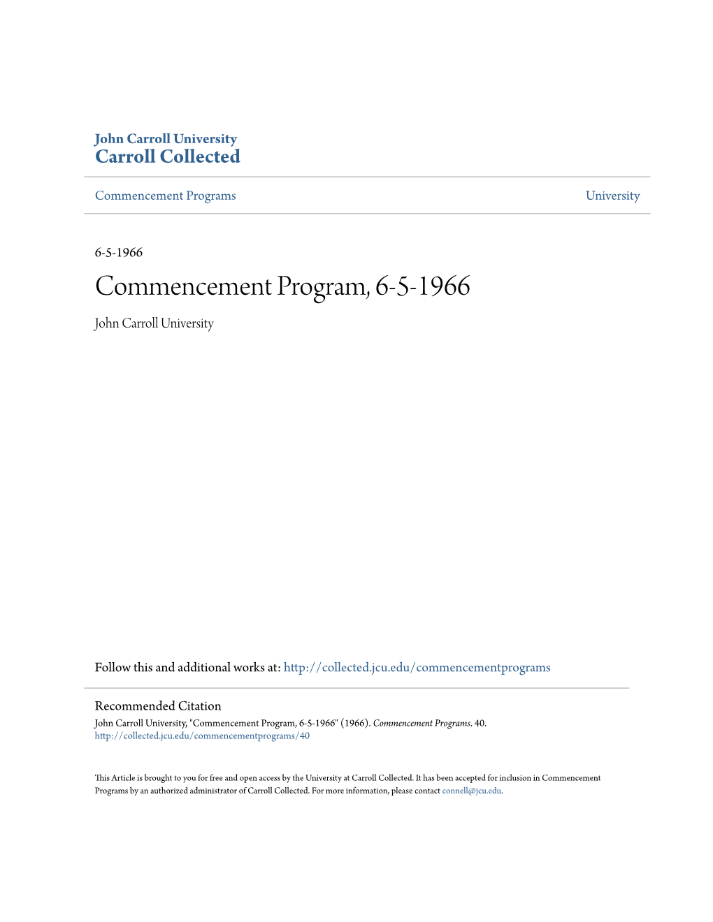 Commencement Program, 6-5-1966 John Carroll University