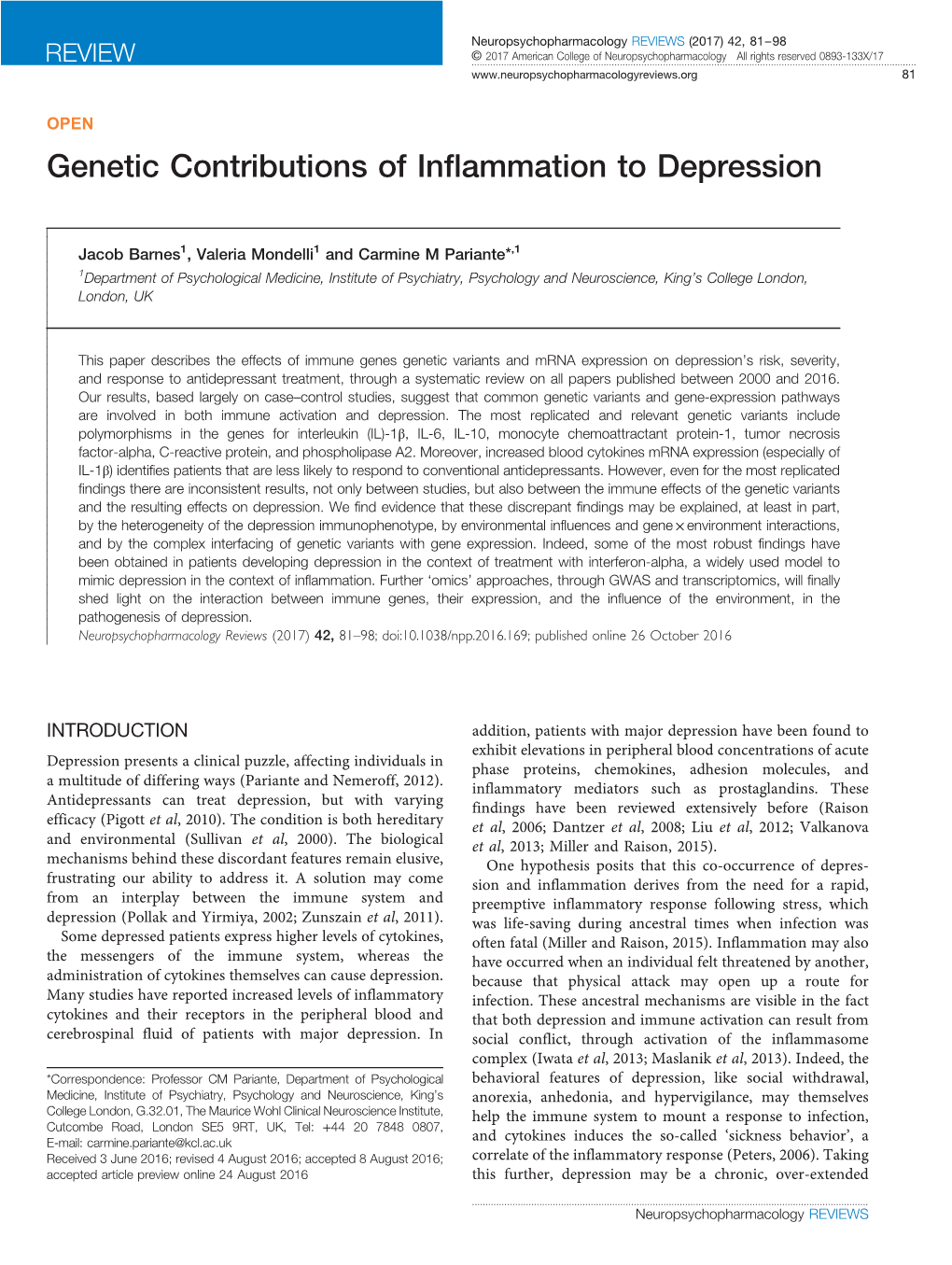 Genetic Contributions of Inflammation to Depression