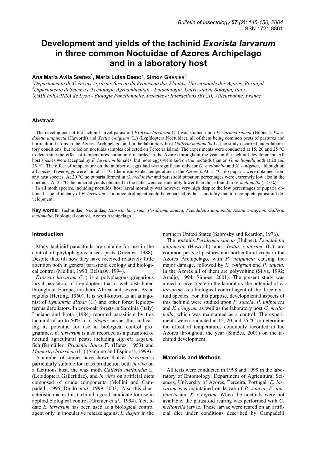 Development and Yields of the Tachinid Exorista Larvarum in Three Common Noctuidae of Azores Archipelago and in a Laboratory Host