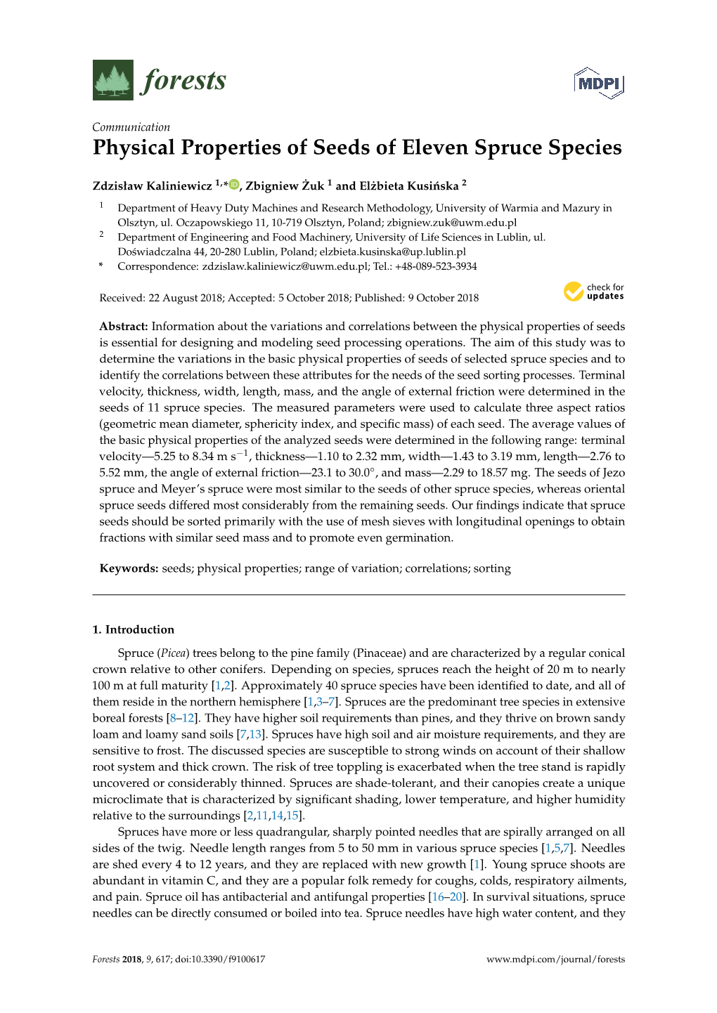 Physical Properties of Seeds of Eleven Spruce Species