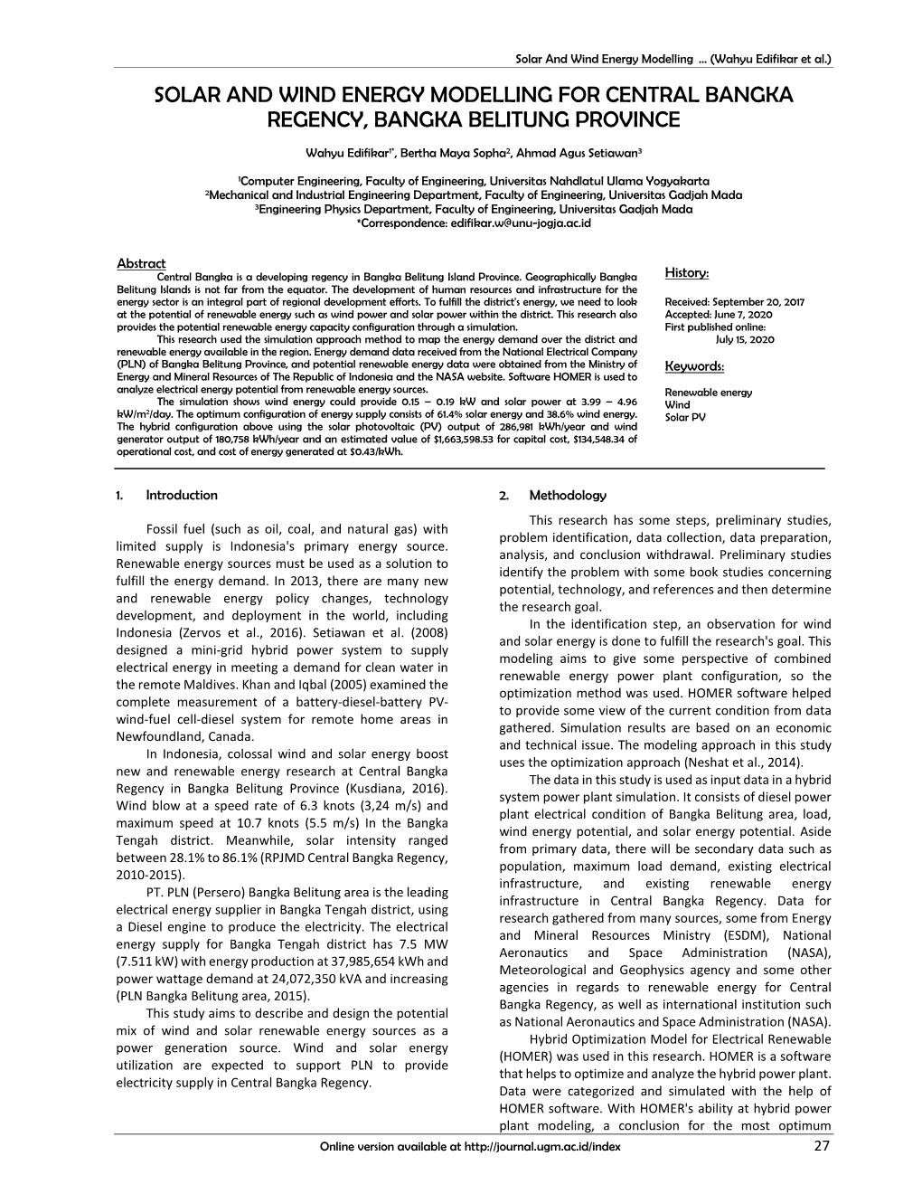 Solar and Wind Energy Modelling for Central Bangka Regency, Bangka Belitung Province