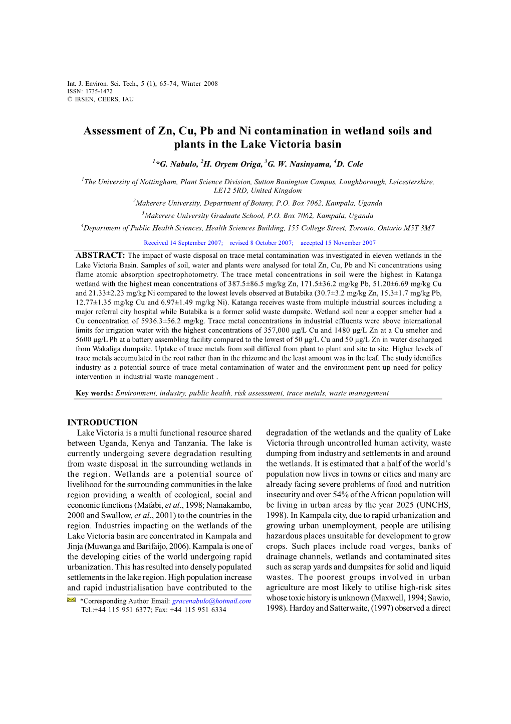 Assessment of Zn, Cu, Pb and Ni Contamination in Wetland Soils and Plants in the Lake Victoria Basin