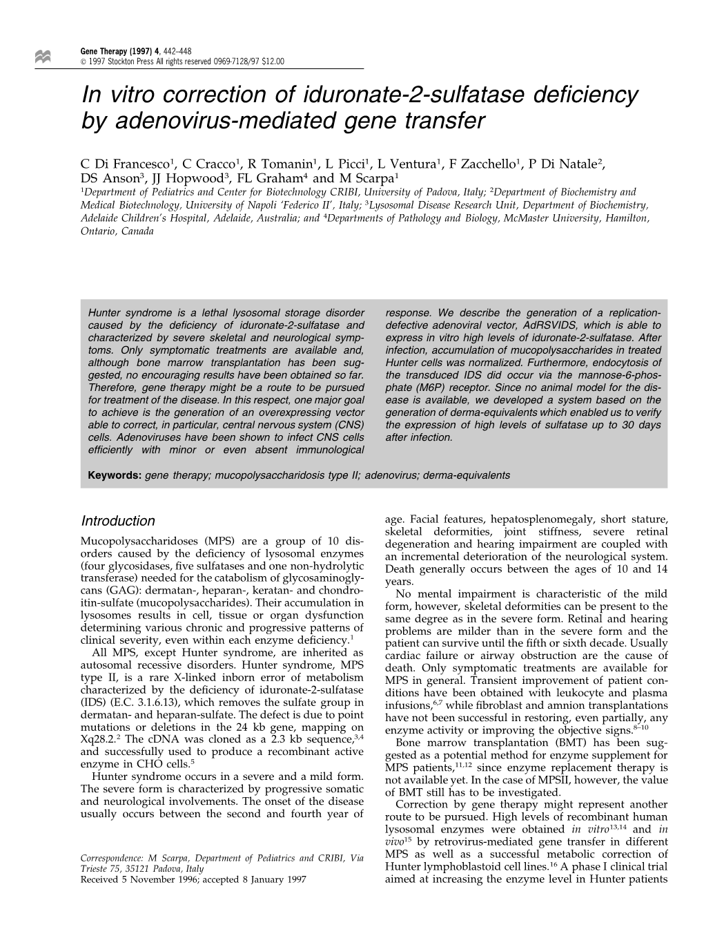 In Vitro Correction of Iduronate-2-Sulfatase Deficiency By