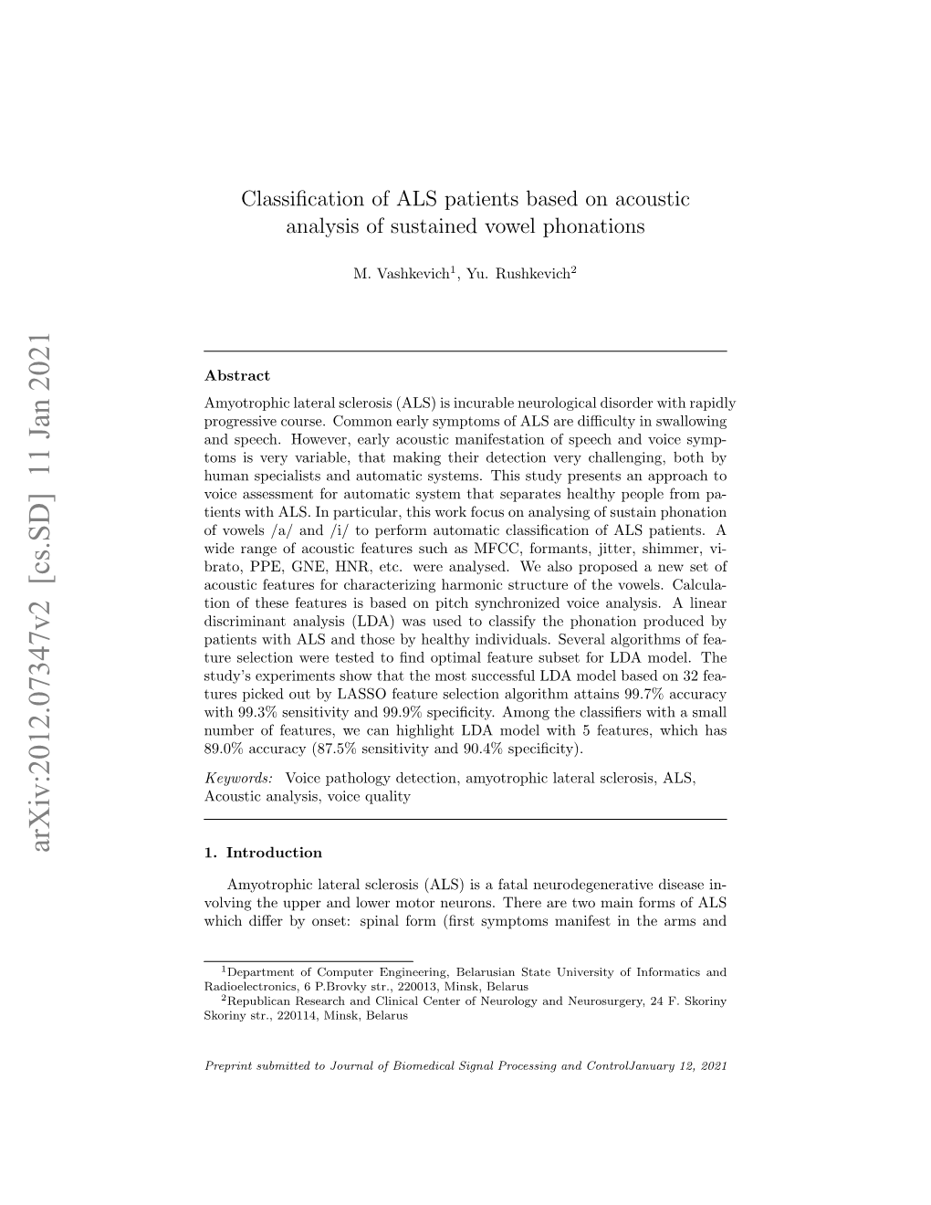 Classification of ALS Patients Based on Acoustic Analysis of Sustained