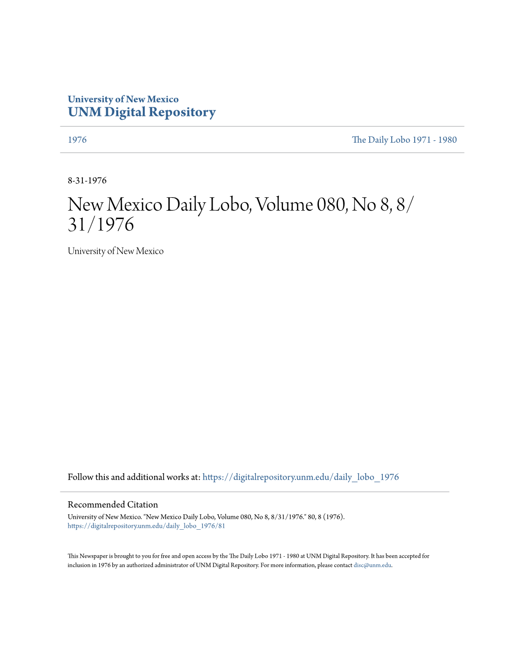 New Mexico Daily Lobo, Volume 080, No 8, 8/31/1976." 80, 8 (1976)