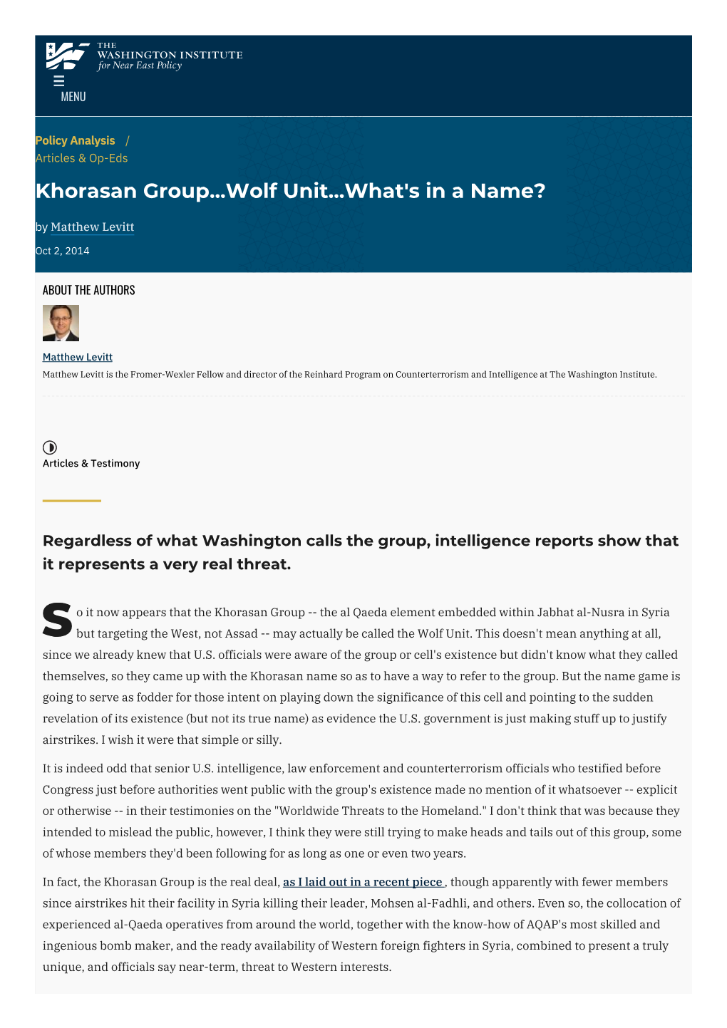 Khorasan Group...Wolf Unit...What's in a Name? | the Washington Institute