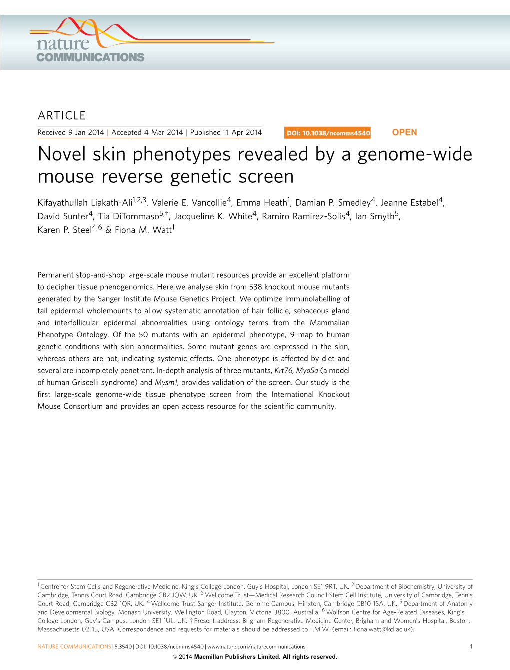 Novel Skin Phenotypes Revealed by a Genome-Wide Mouse Reverse Genetic Screen