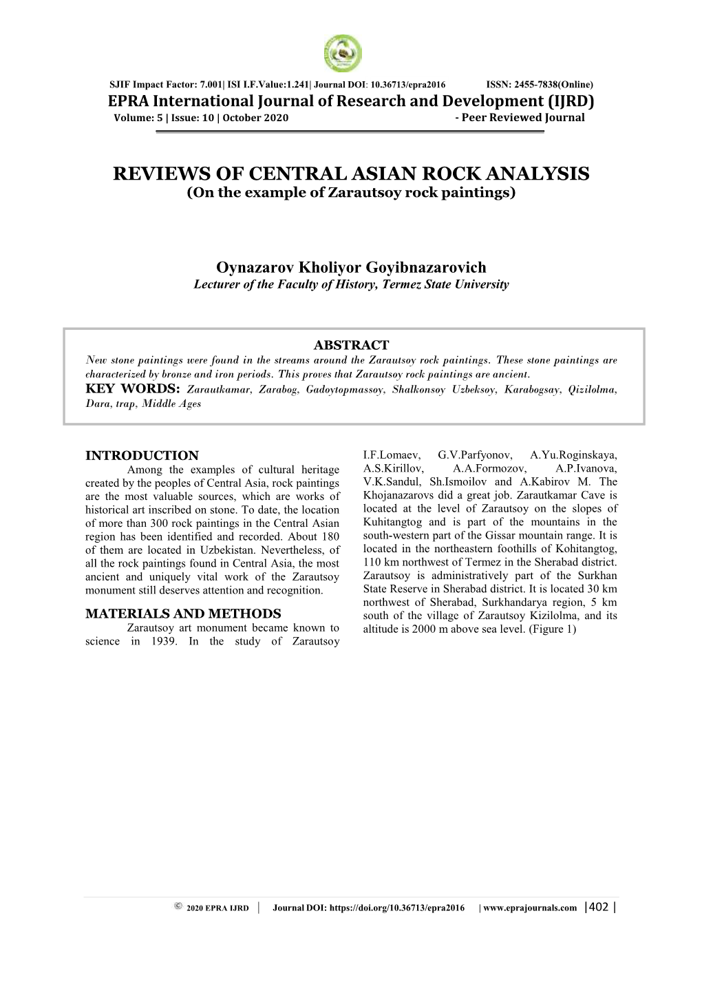 REVIEWS of CENTRAL ASIAN ROCK ANALYSIS (On the Example of Zarautsoy Rock Paintings)