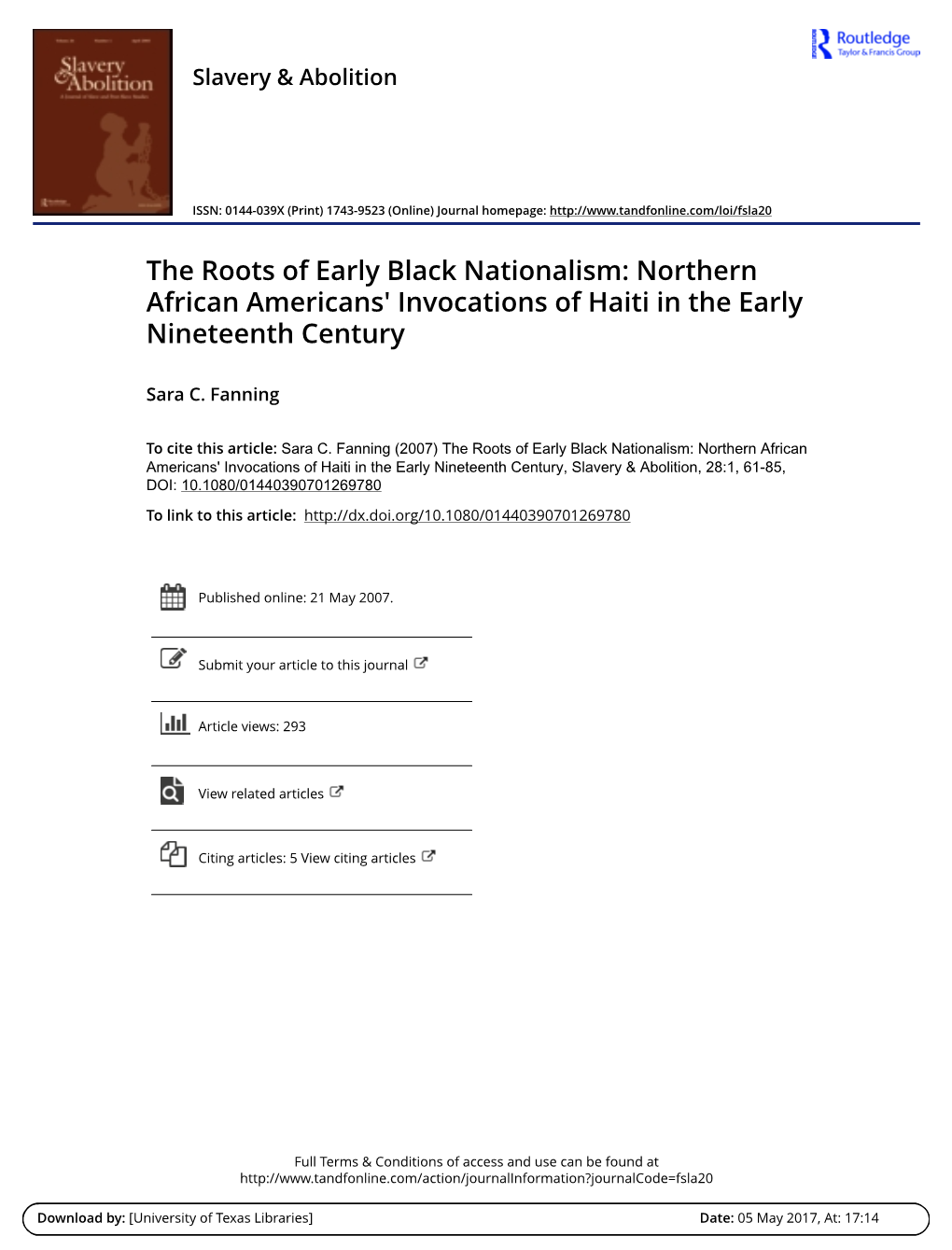 The Roots of Early Black Nationalism: Northern African Americans' Invocations of Haiti in the Early Nineteenth Century