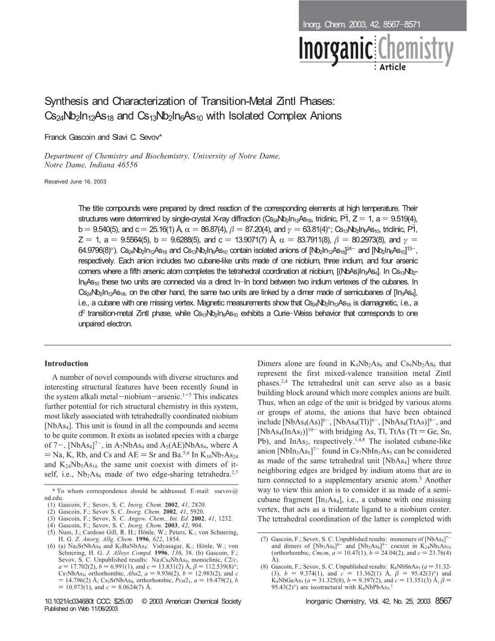 Synthesis and Characterization of Transition-Metal Zintl Phases: Cs24nb2in12as18 and Cs13nb2in6as10 with Isolated Complex Anions