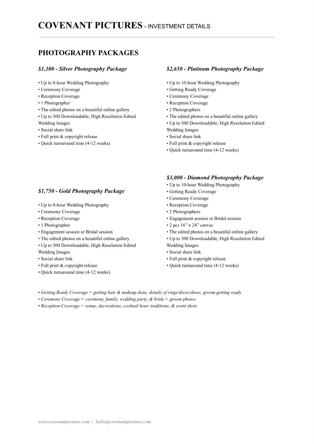 COVENANT PICTURES PRICING Pricelist