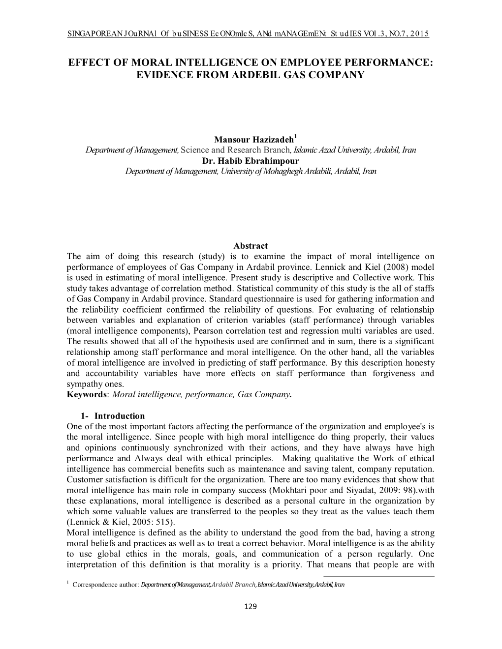 Effect of Moral Intelligence on Employee Performance: Evidence from Ardebil Gas Company