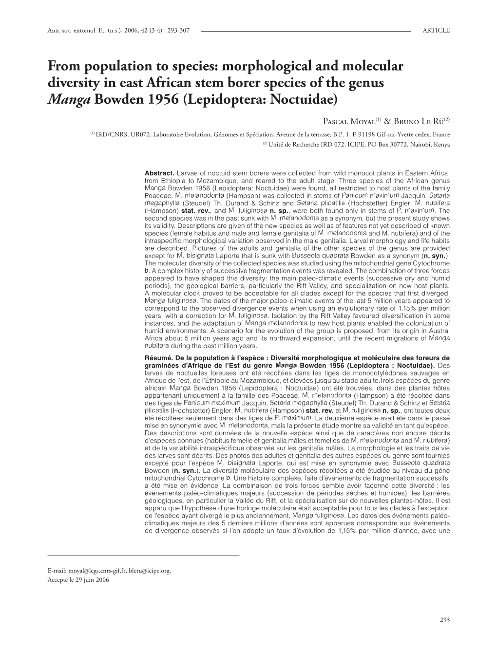 Morphological and Molecular Diversity in East African Stem Borer Species of the Genus Manga Bowden 1956 (Lepidoptera: Noctuidae)