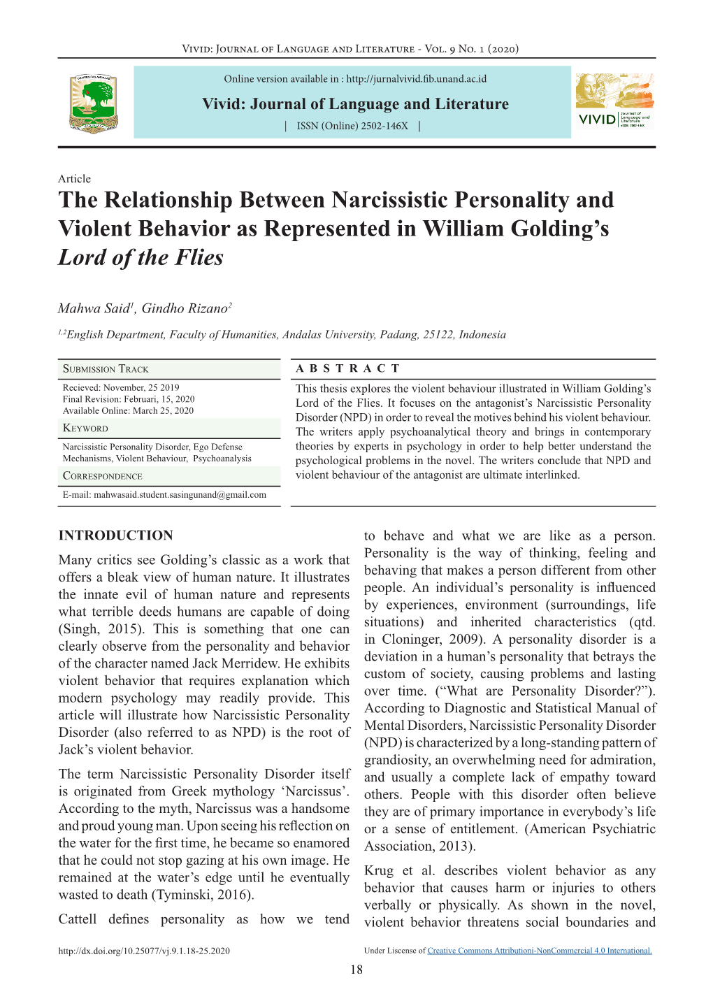 The Relationship Between Narcissistic Personality and Violent Behavior As Represented in William Golding’S Lord of the Flies