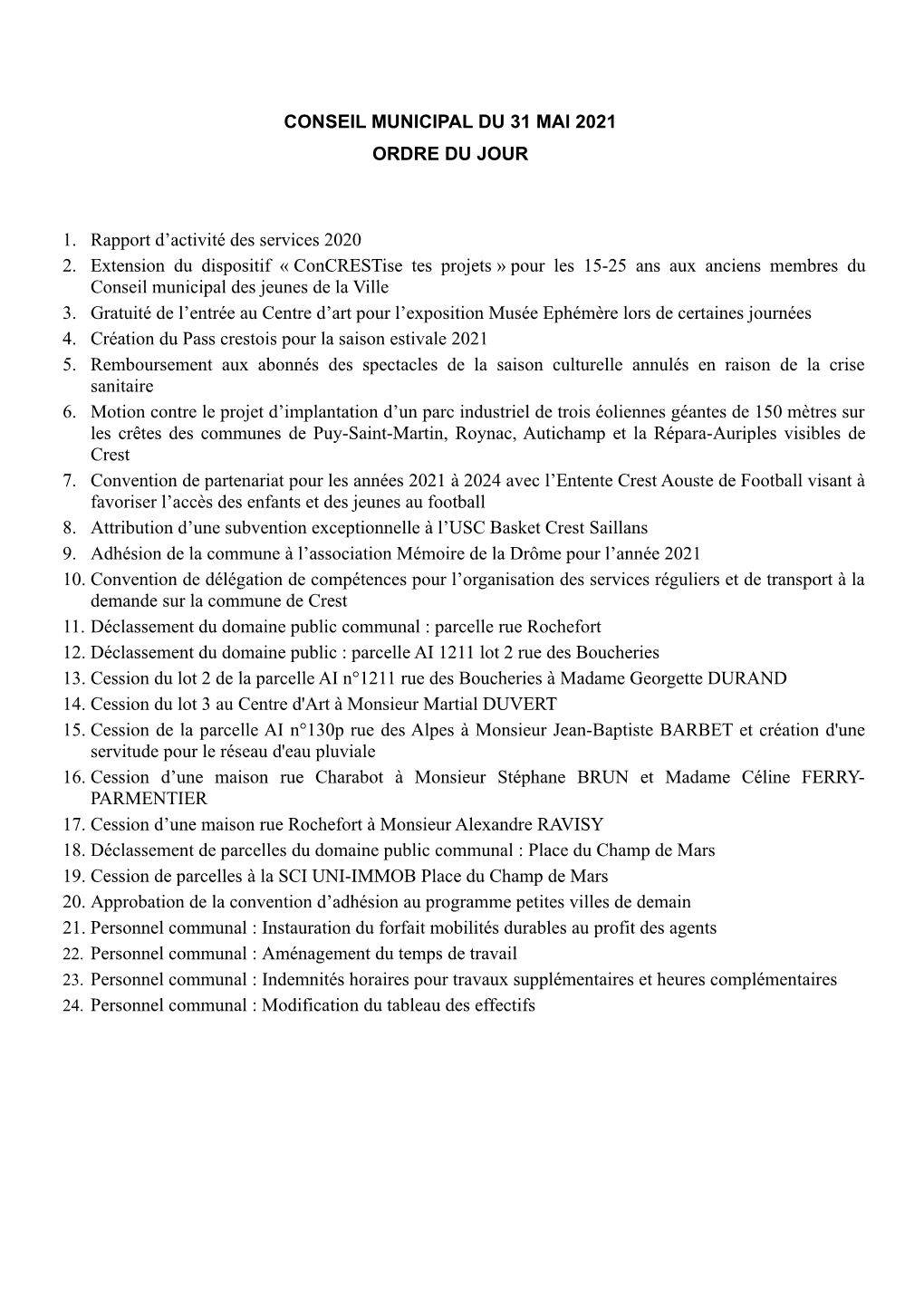 Conseil Municipal Du 31 Mai 2021 Ordre Du Jour