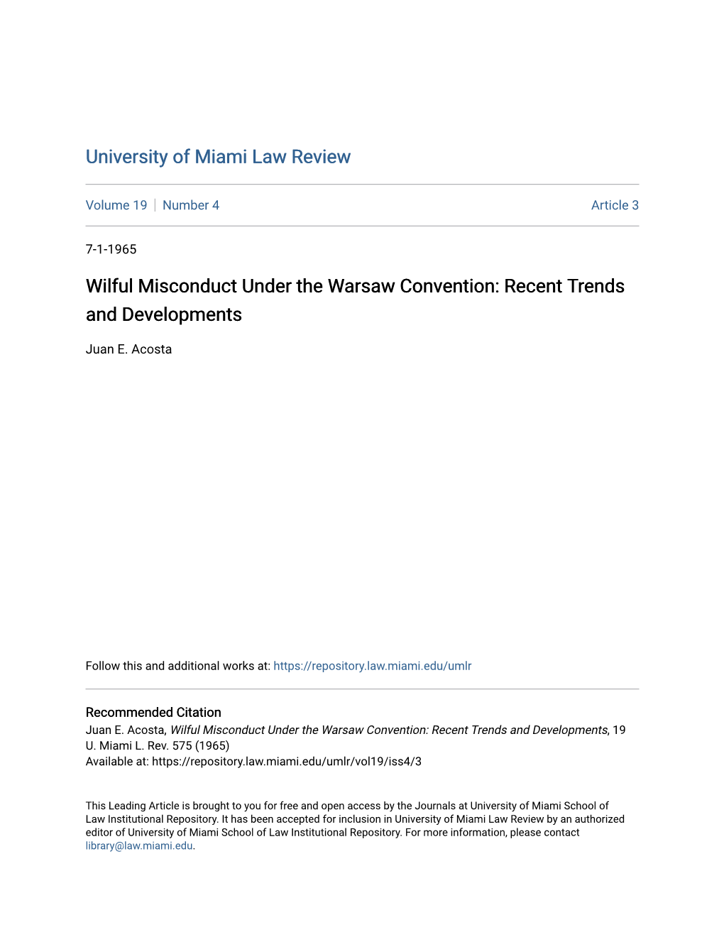 Wilful Misconduct Under the Warsaw Convention: Recent Trends and Developments
