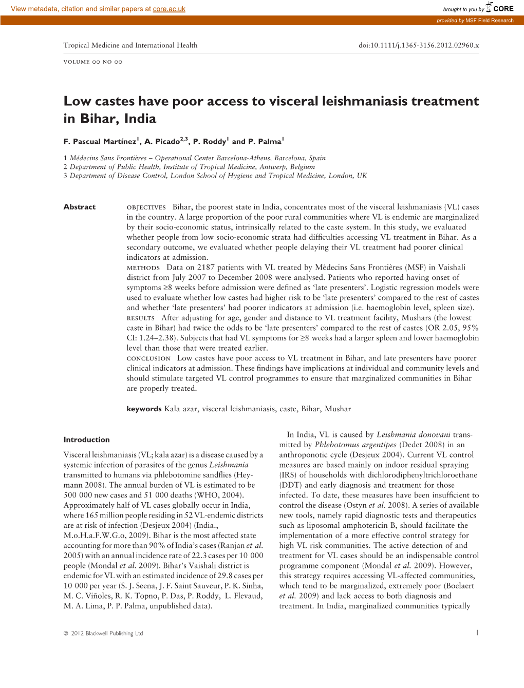 Low Castes Have Poor Access to Visceral Leishmaniasis Treatment in Bihar, India
