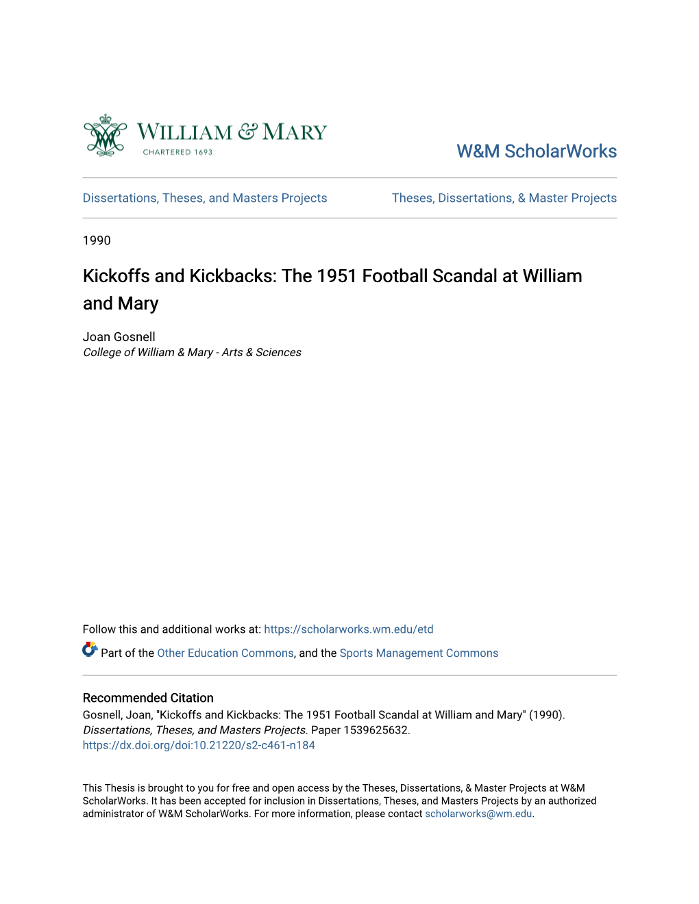 The 1951 Football Scandal at William and Mary