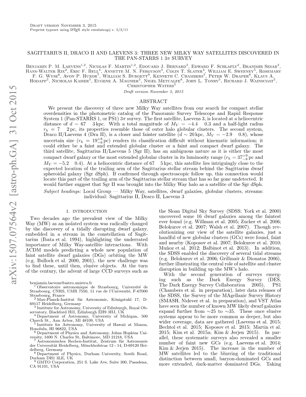 Arxiv:1507.07564V2 [Astro-Ph.GA] 31 Oct 2015 Oﬁdtee Ni Hn Lsv Bet.A H Turn As the Such at Surveys CCD Large Was Objects