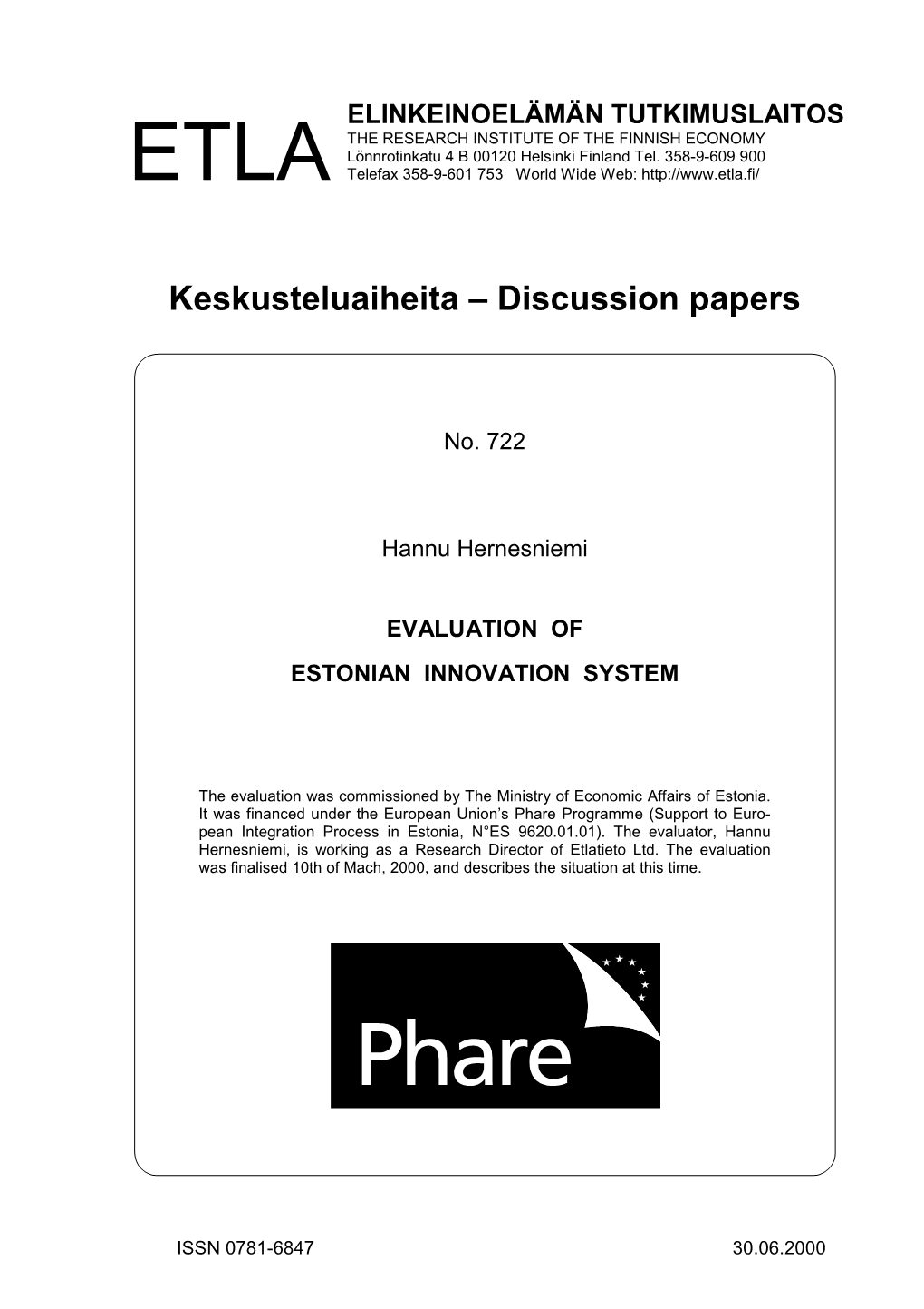 Evaluation of Estonian Innovation System