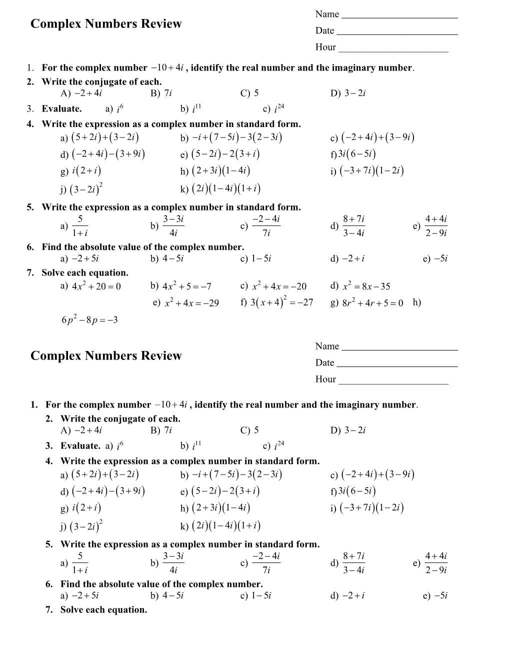 Complex Numbers Worksheet s1