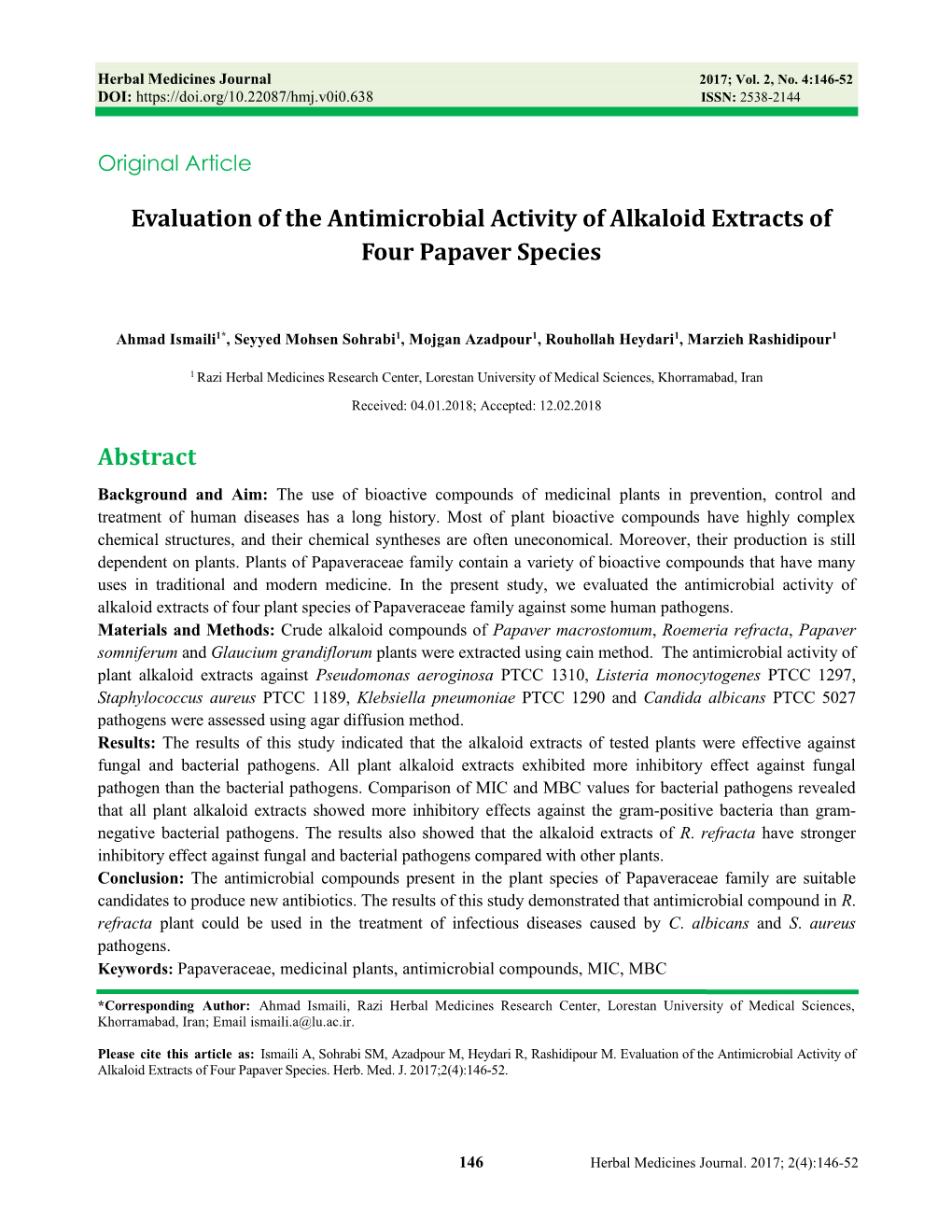 Evaluation of the Antimicrobial Activity of Alkaloid Extracts of Four Papaver Species
