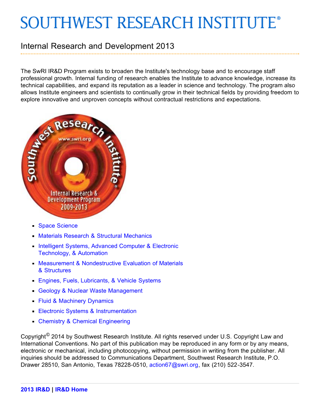 Swri IR&D Program 2013