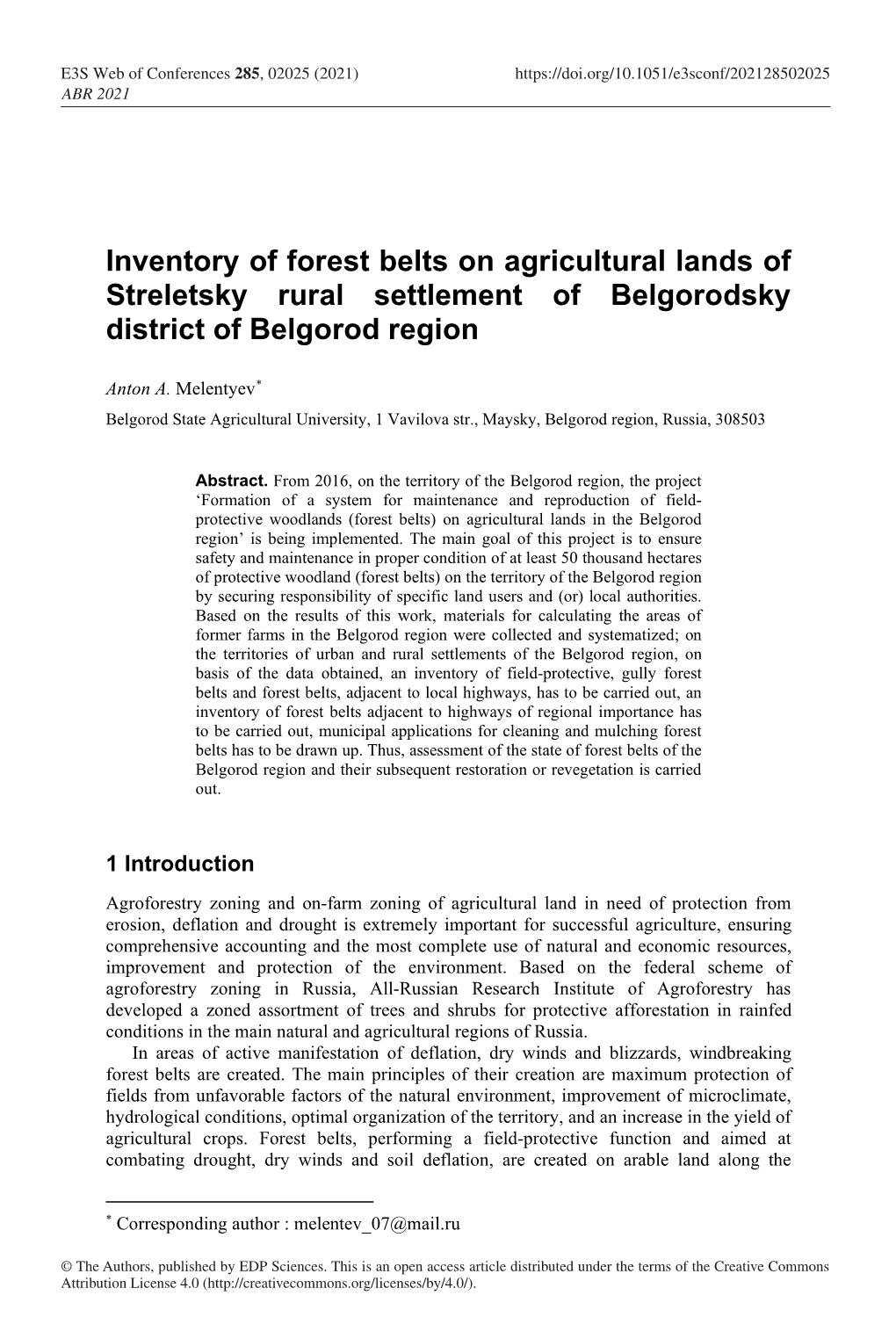 Inventory of Forest Belts on Agricultural Lands of Streletsky Rural Settlement of Belgorodsky District of Belgorod Region