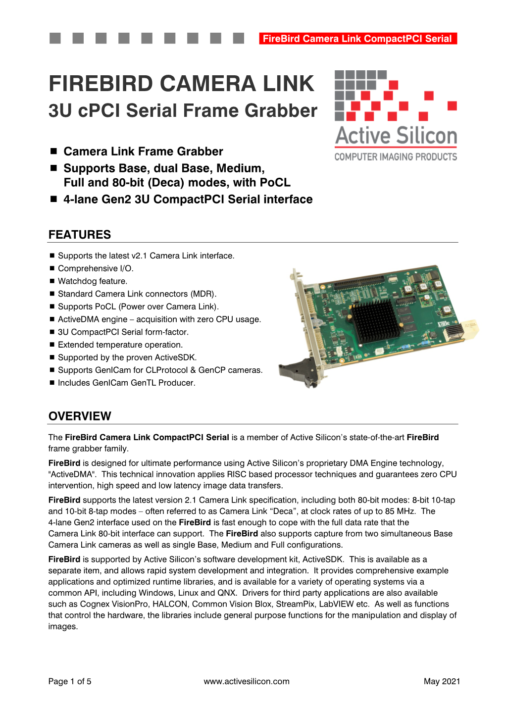 Datasheet Firebird Camera Link 3U Cpci Serial