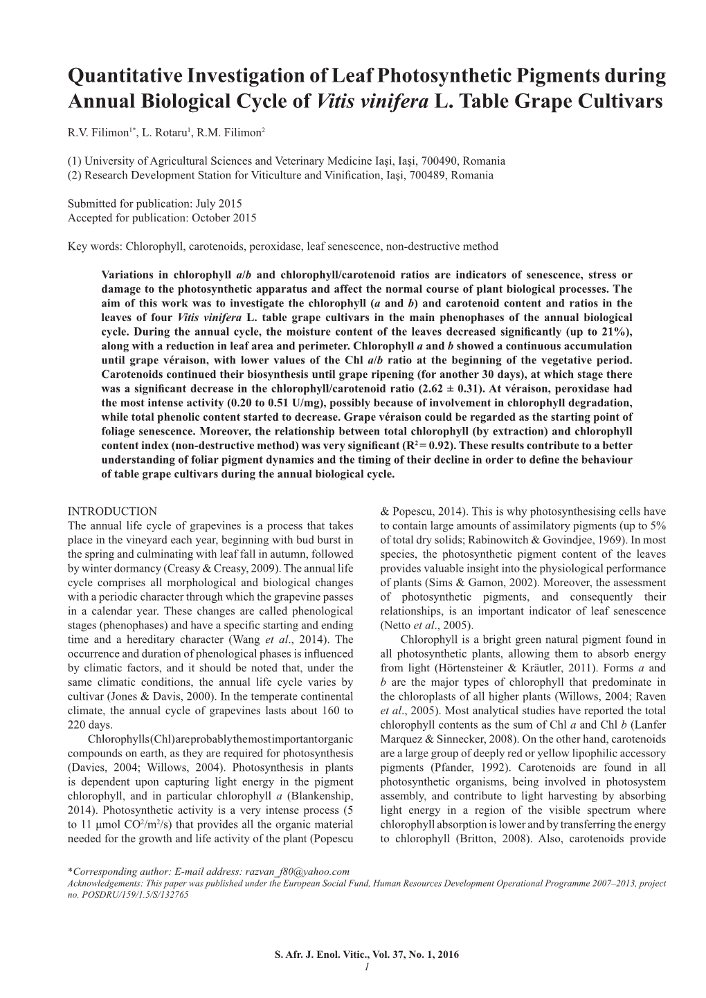 Quantitative Investigation of Leaf Photosynthetic Pigments During Annual Biological Cycle of Vitis Vinifera L