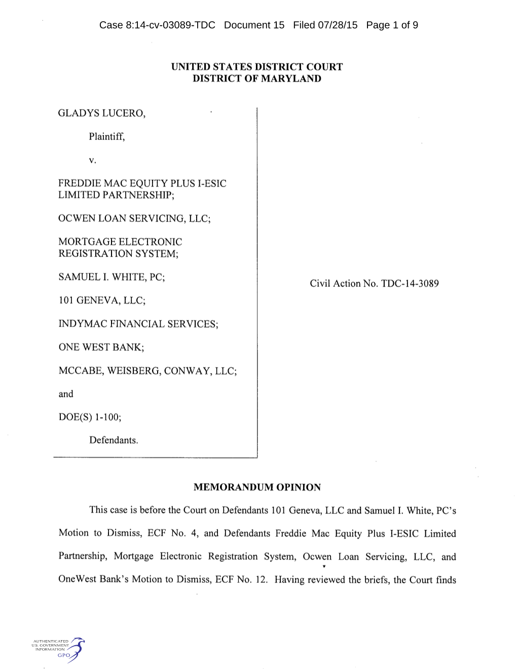 Case 8:14-Cv-03089-TDC Document 15 Filed 07/28/15 Page 1 of 9