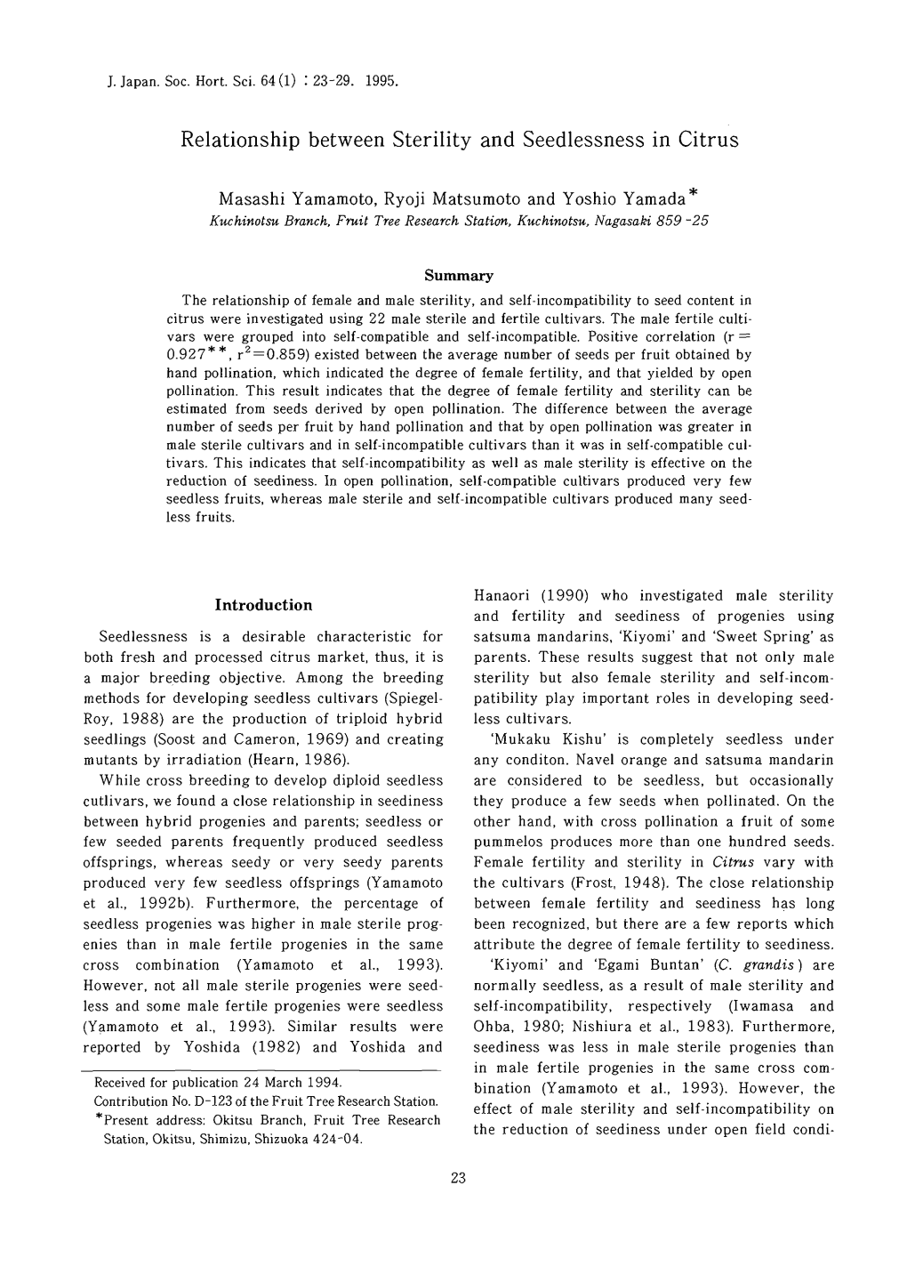 Relationship Between Sterility and Seedlessness in Citrus