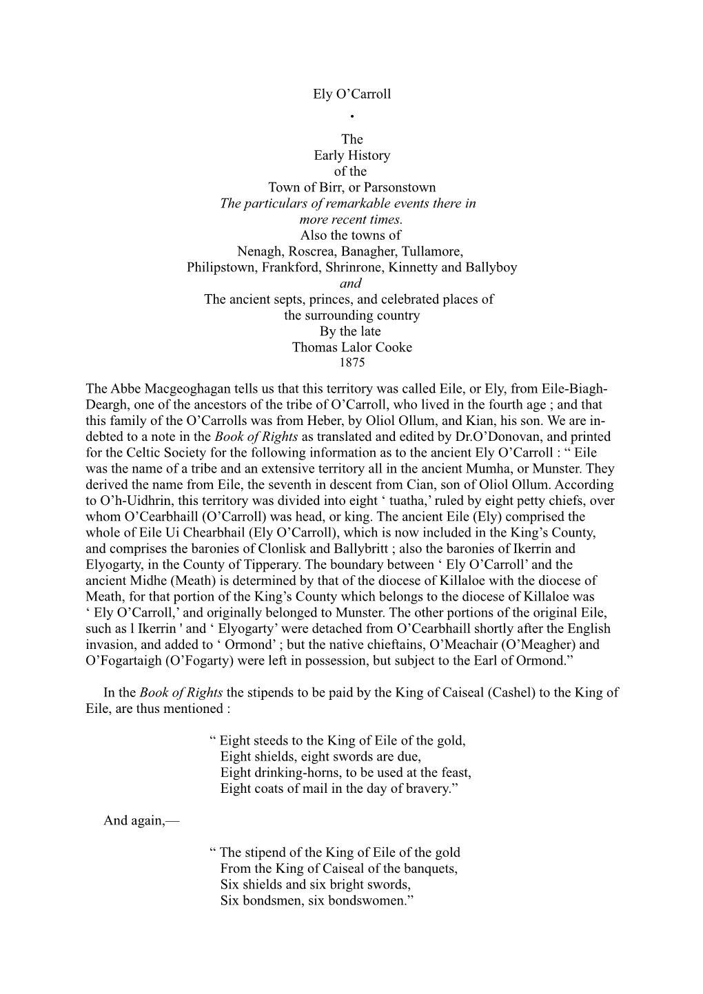 Ely O'carroll the Early History of the Town of Birr, Or Parsonstown The