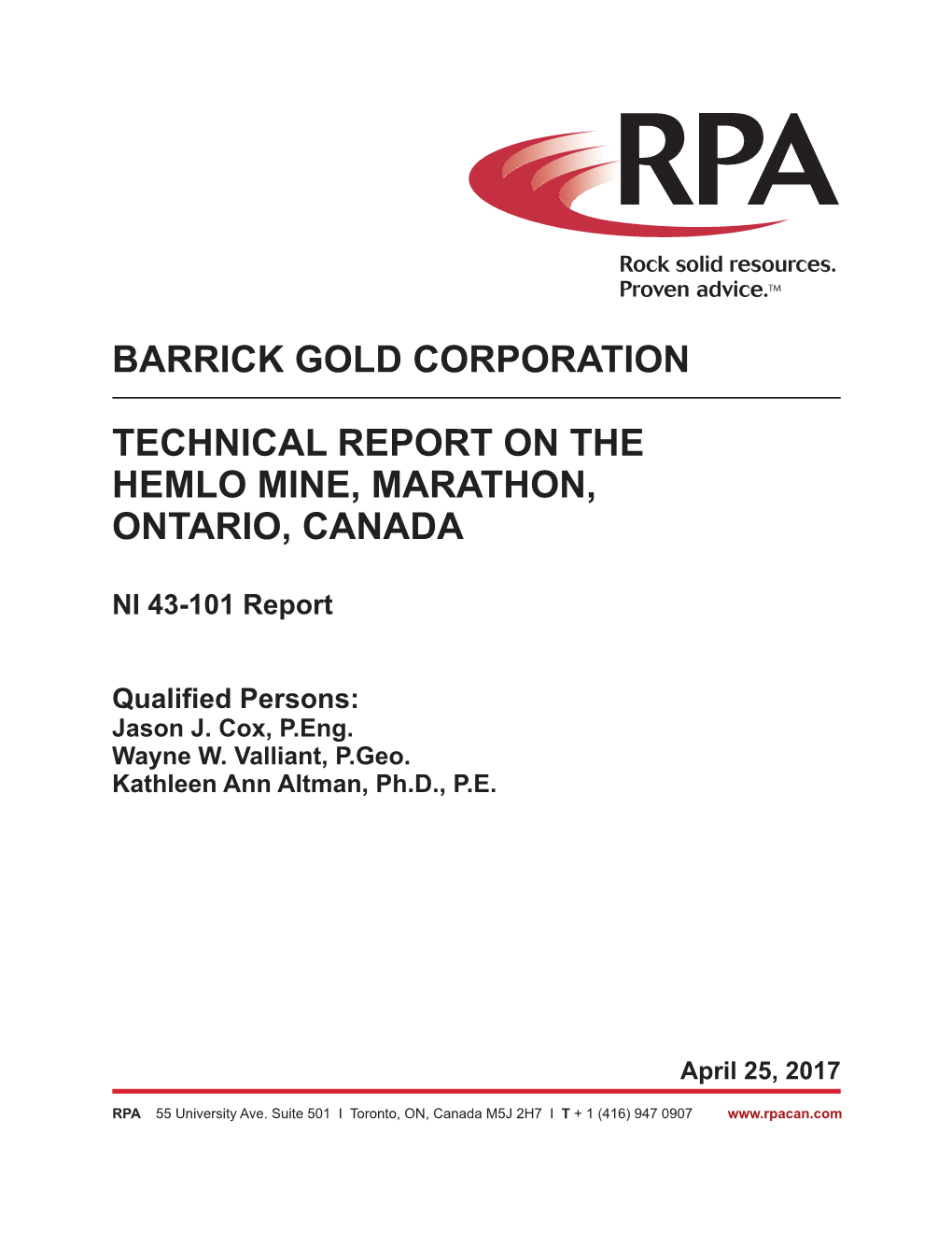 Barrick Gold Corporation Technical Report on the Hemlo Mine, Marathon