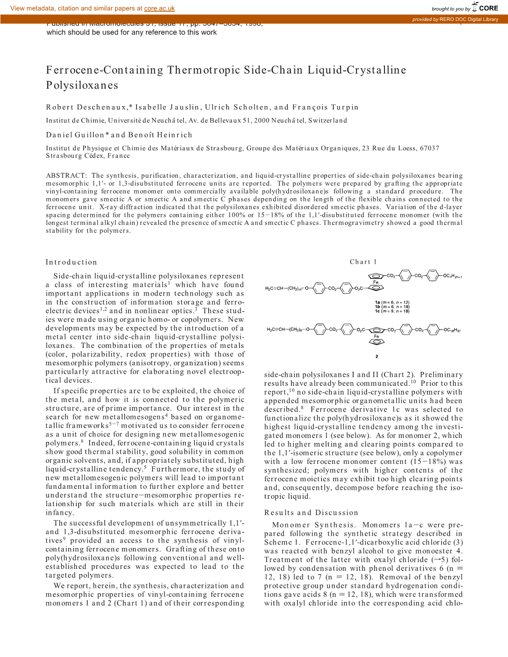 Ferrocene-Containing Thermotropic Side-Chain Liquid-Crystalline Polysiloxanes