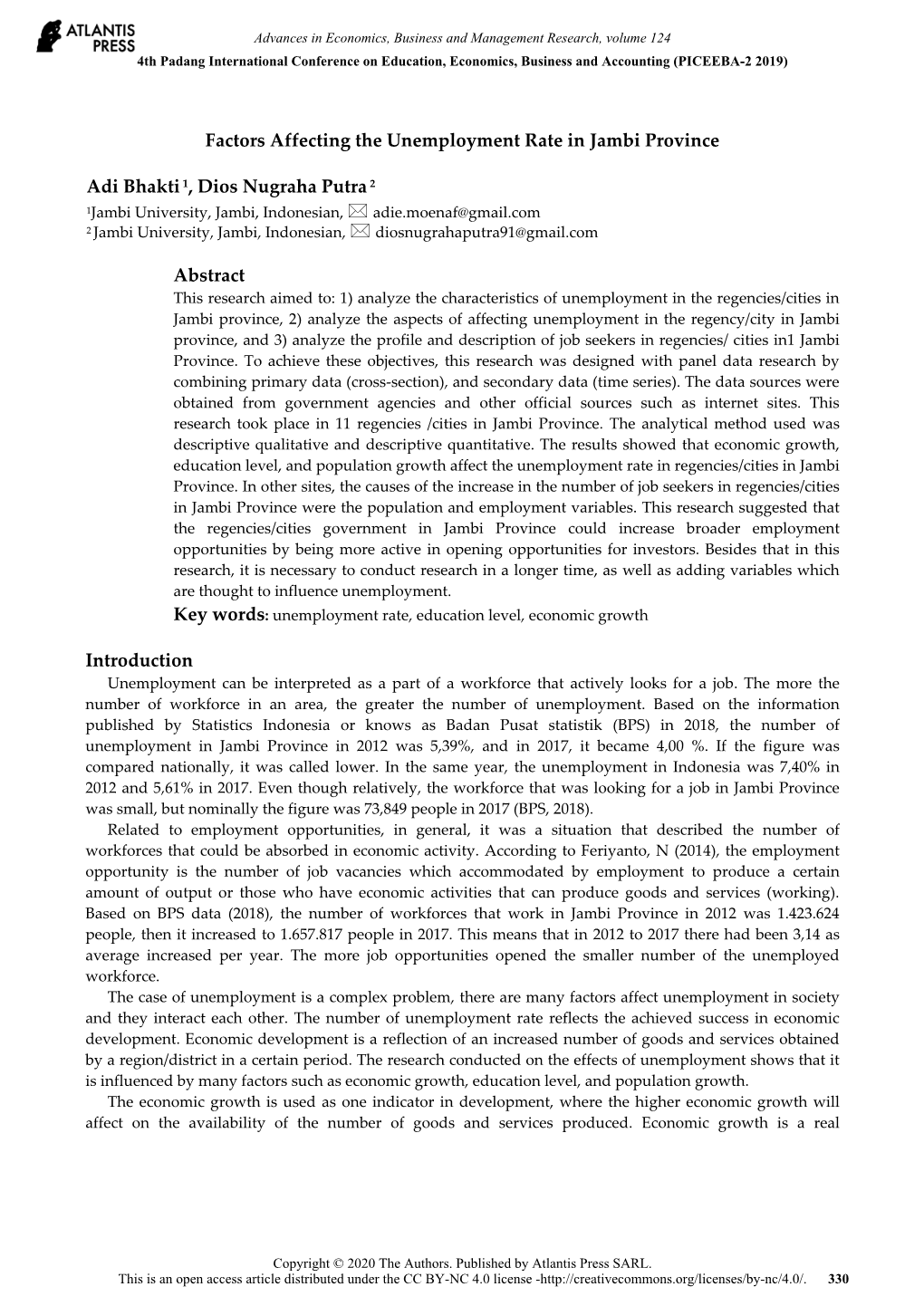 Factors Affecting the Unemployment Rate in Jambi Province Adi Bhakti1