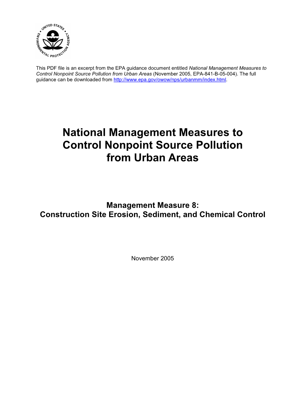 National Management Measures to Control Nonpoint Source Pollution from Urban Areas (November 2005, EPA-841-B-05-004)