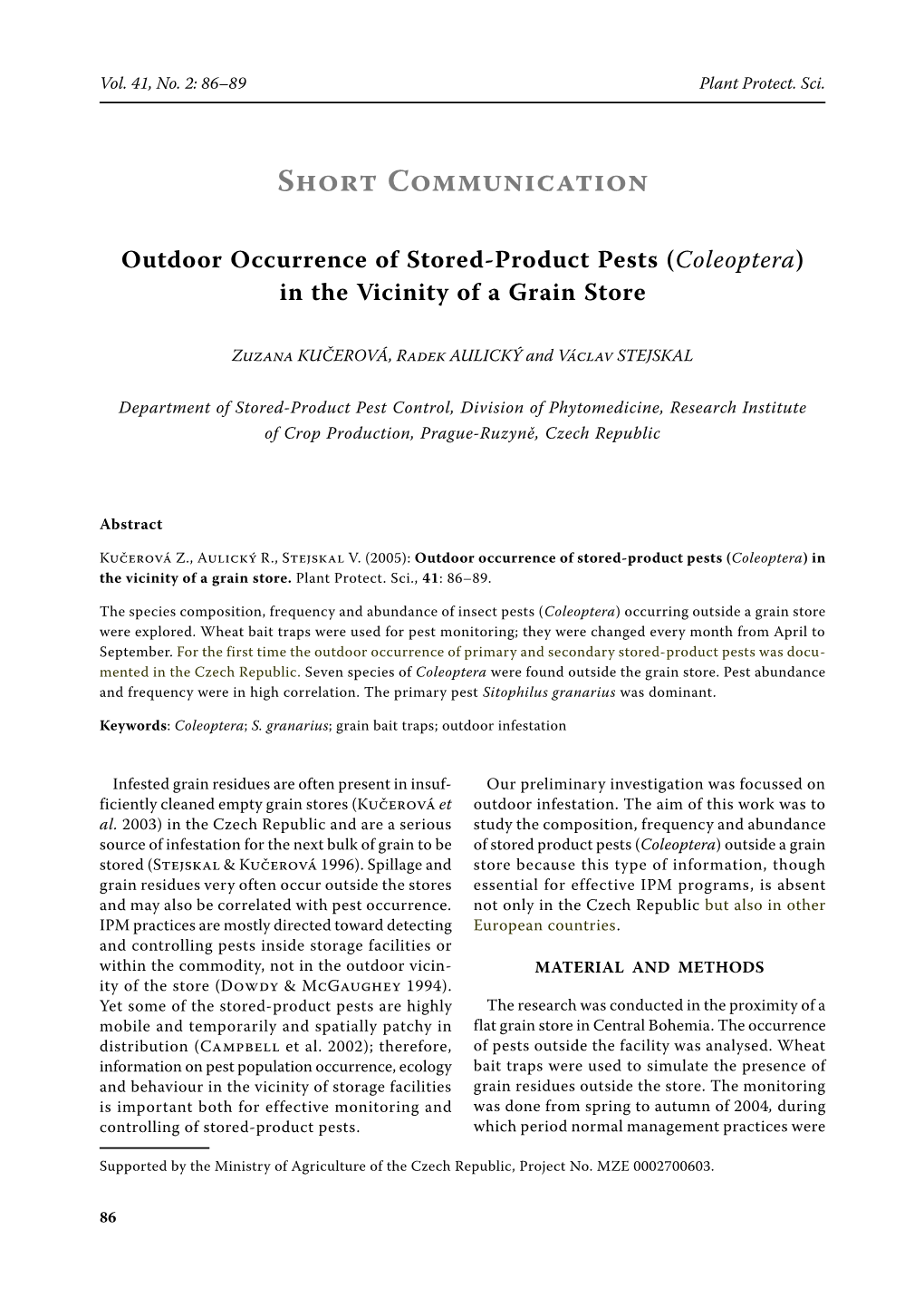 Outdoor Occurrence of Stored-Product Pests (Coleoptera) in the Vicinity of a Grain Store