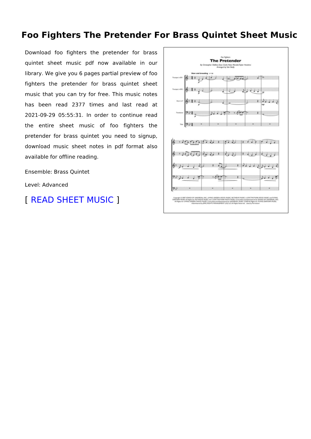 Foo Fighters the Pretender for Brass Quintet Sheet Music