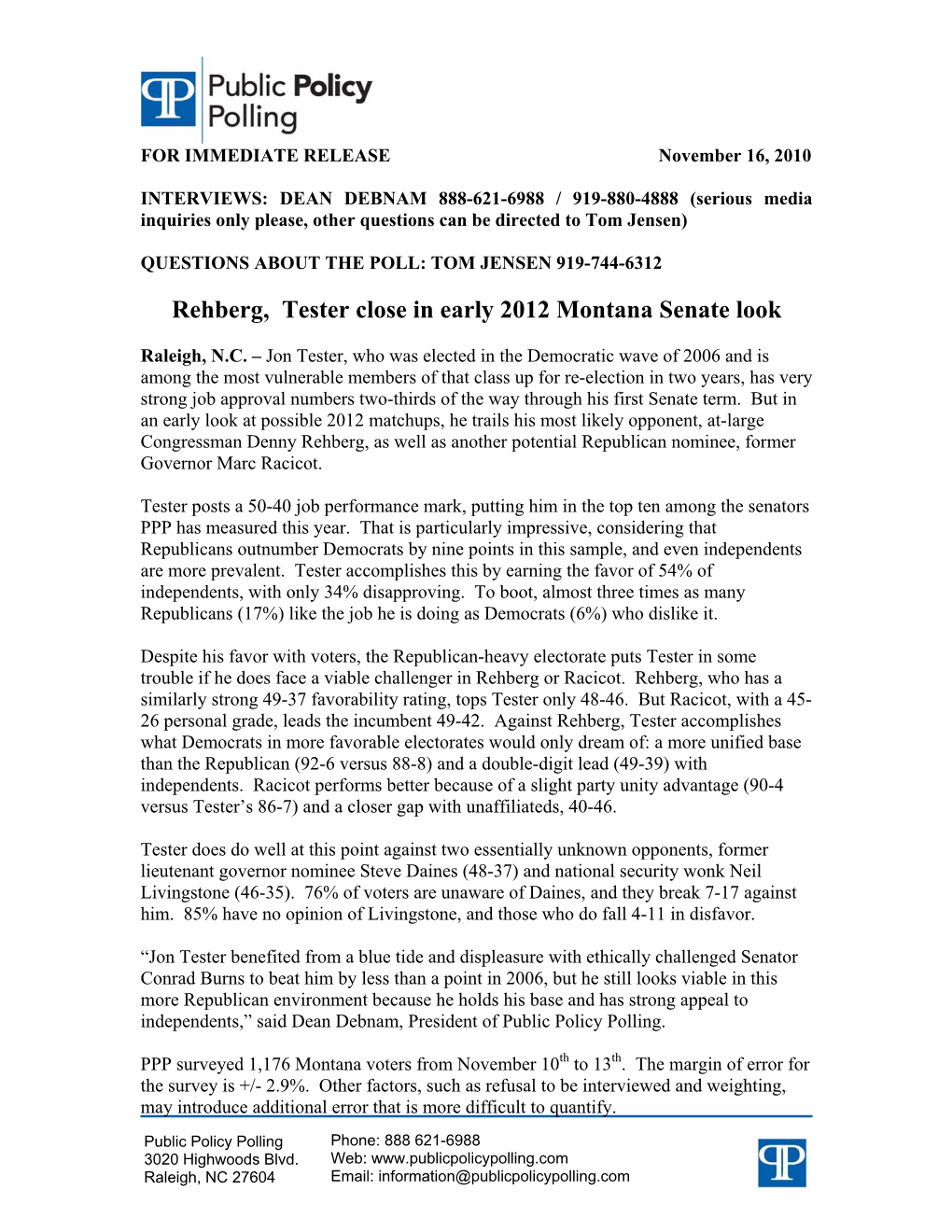 Rehberg, Tester Close in Early 2012 Montana Senate Look
