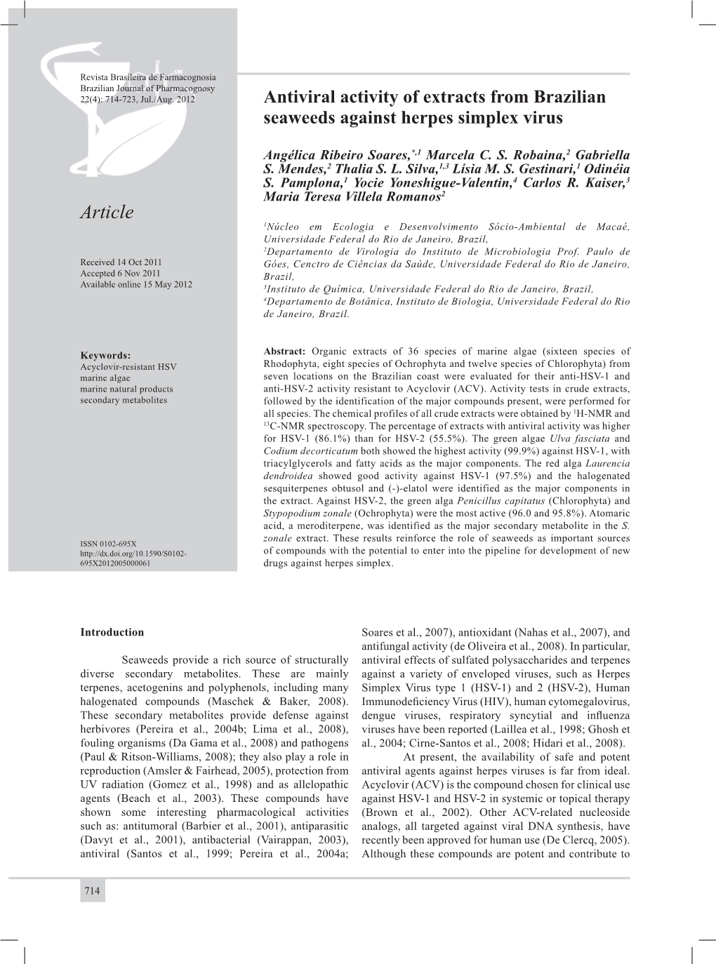 Antiviral Activity of Extracts from Brazilian Seaweeds Against Herpes Simplex Virus