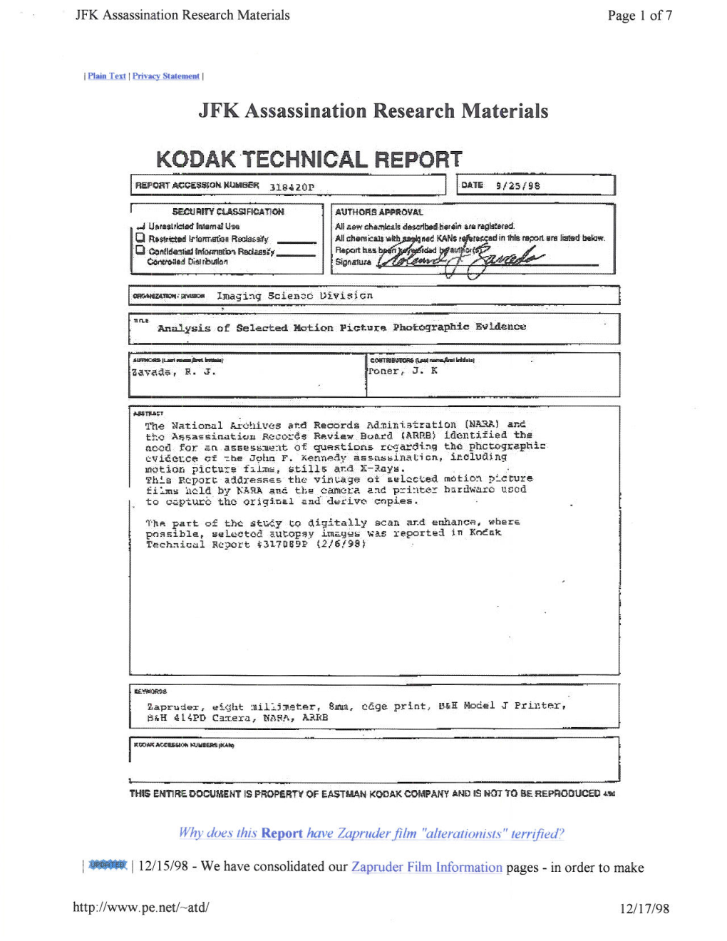 JFK Assassination Research Materials� Page 1 of 7