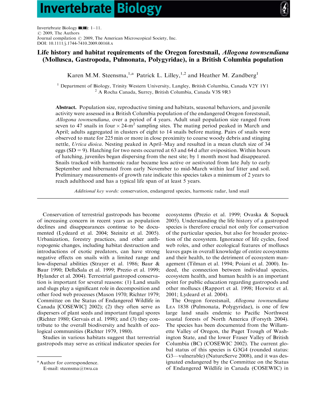 Life History and Habitat Requirements of the Oregon Forestsnail, Allogona Townsendiana