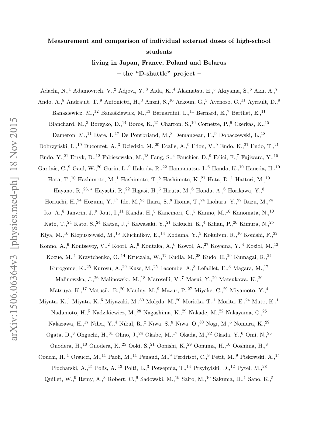 Measurement and Comparison of Individual External Doses of High-School Students Living in Japan, France, Poland and Belarus – the “D-Shuttle” Project –