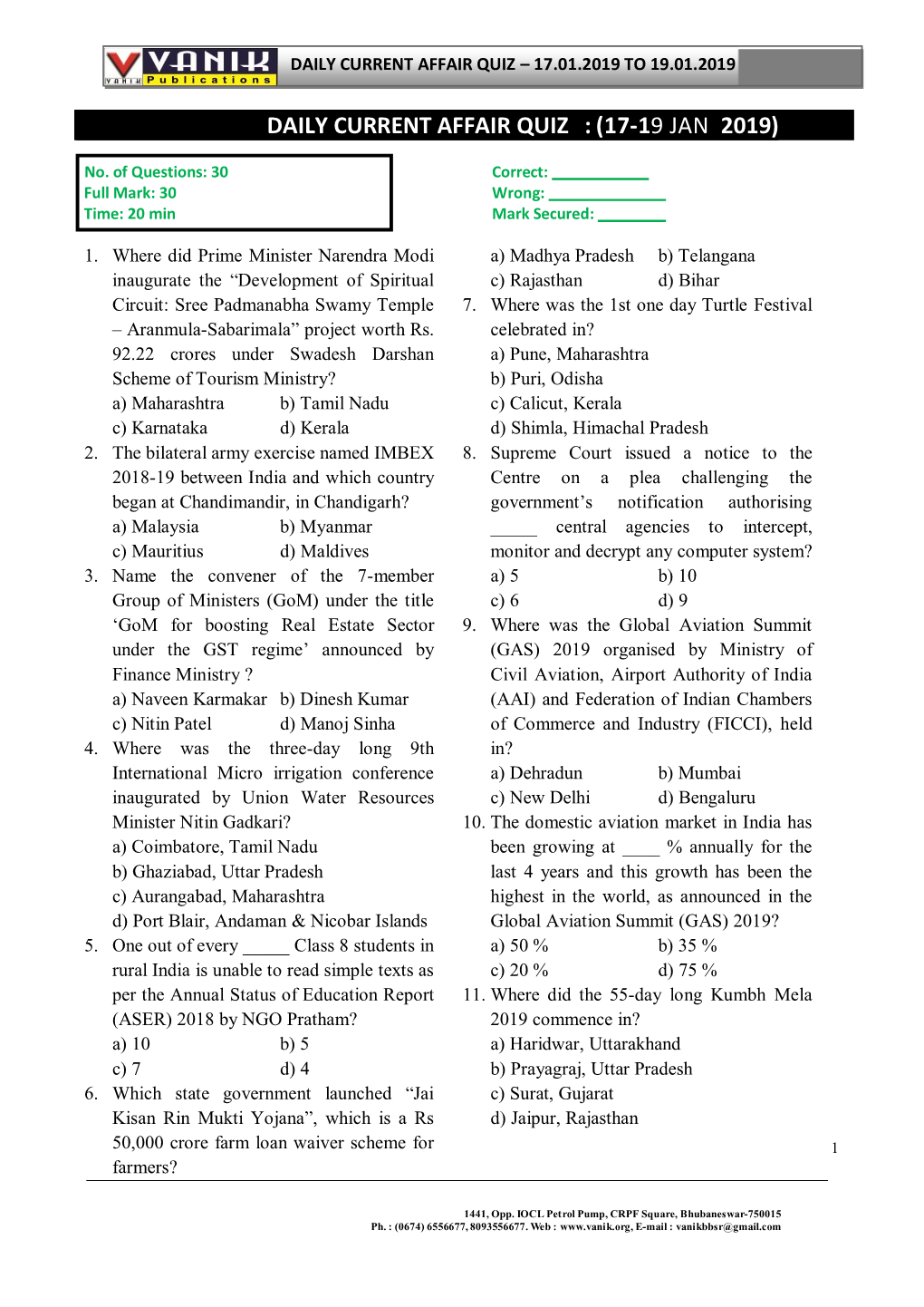 Daily Current Affair Quiz – 17.01.2019 to 19.01.2019